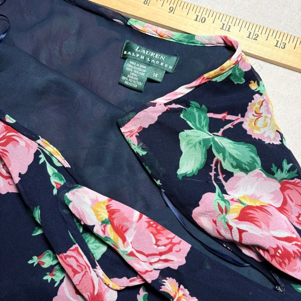 VTG Lauren Ralph Lauren Silk Floral Mini Skirt Coquette Navy Pink A-Line Size 14
